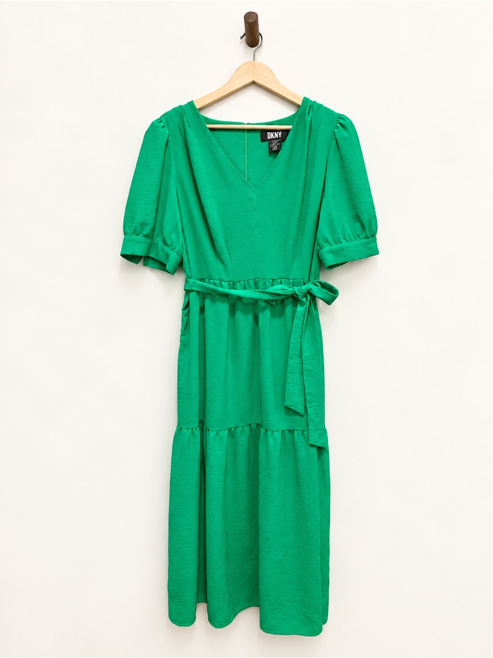 DKNY Emerald Green Tiered Midi Dress Belted Size